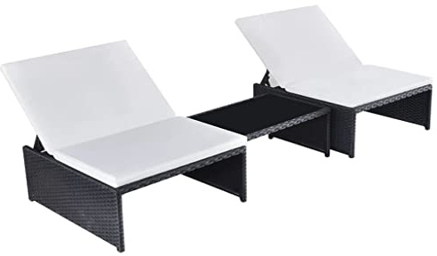 vidaXL 2X Sonnenliege mit Tisch Gartenliege Gartenmöbel Liege Relaxliege Strandliege Freizeitliege Liegestuhl Rattanmöbel Poly Rattan Schwarz