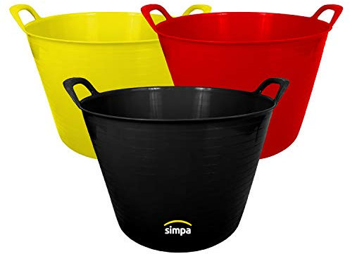 Simpa 3PC 42L 42 Litre Large Robust Flexi Tub Set - Mixed Assorted Colours - Multi Purpose Flexible Rubber Storage Container Buckets