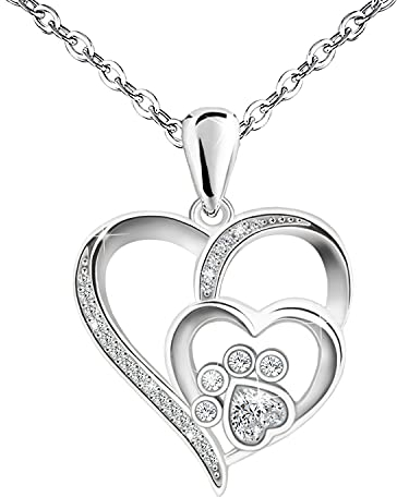 KITEENAL Pfoten-Halskette für Frauen – Sterlingsilber, Zirkonia, Hund, Katze, Haustier, Pfotenabdruck, Liebe, Herz, Anhänger, Halskette, verstellbare Charm-Halskette, Geburtstagsgeschenke