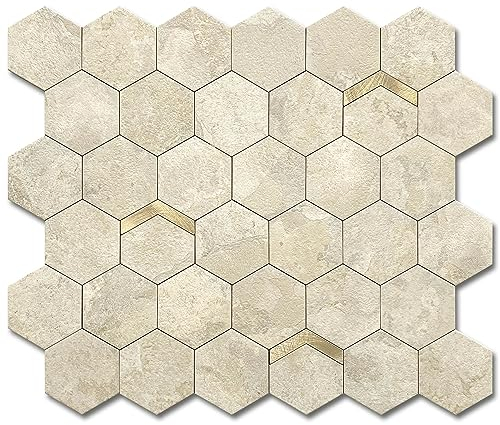 VAOVI Stick on Tiles Kitchen Hexagon Marble Self Adhesive Backsplash Wall Panels,Honeycomb Metallic Mosaic Stickers Bathroom Waterproof(Beige Gold,10sheets)