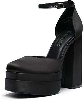 DREAM PAIRS Women’s High Platform Closed Heels,Black-Satin,7