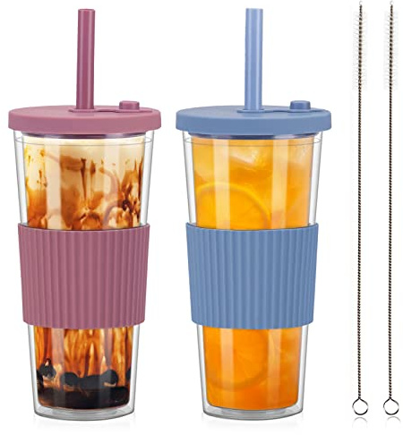 ZgoEC 24oz Bubble Tea Becher mit Strohhalm, 2er Set Auslaufsicher Trinkbecher, Eiskaffee Becher Smoothie, Doppelwandig Isoliert Tumbler Cup für Kaffee, Milchshakes, Soda, Geschenk für Familie