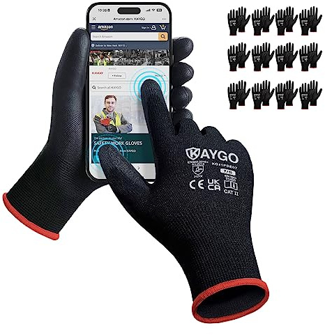 KAYGO 12 par pekskärmsarbetshandskar för män och kvinnor, PU-belagda skyddshandskar, halkfritt grepp på handflator och fingrar, lämpliga för allmänt arbete (svart, S, storlek 7)