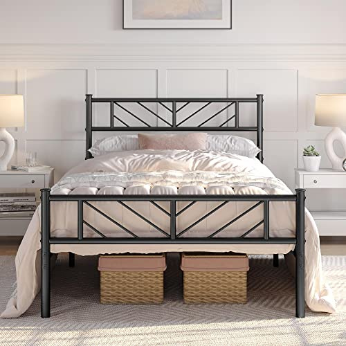Yaheetech Base para Colchón de 90 x 190 cm Cama Individual de Metal con Cabecera Estilo Moderno Espacio Inferior de 32 cm Plataforma Bed Frame Negro