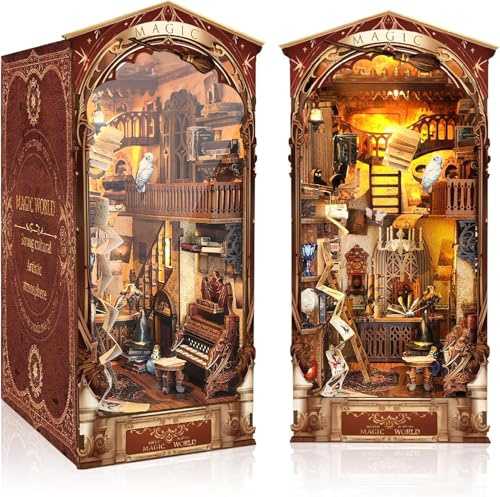RONSTONE DIY Magic World Book Nook Kit - Mini Dollhouse Booknook Bookshelf Insert Decor - 3D Wooden Puzzles with LED Light and Dust Cover - Creative Gift Home Decoration for Adults 14+
