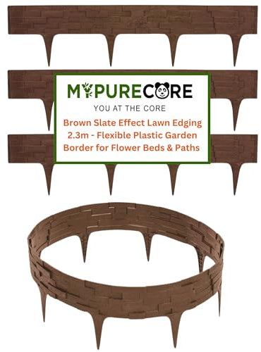 MYPURECORE Brown Stone Effect Lawn Edging 2.3m - Flexible Plastic Garden Border for Flower Beds & Paths | Weather-Resistant & Recyclable Palisade | Easy Install Edging for Grass, Gravel & Landscape