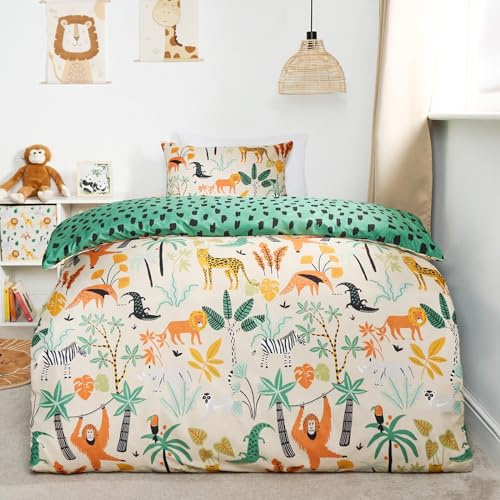 OHS Safari Kids Single Duvet Cover Set, Ultra Soft Warm Microfibre Polyester Bedding Single Quilt Cover Reversible Animal Print Boys Girls Bedding with Pillowcases, Green/White