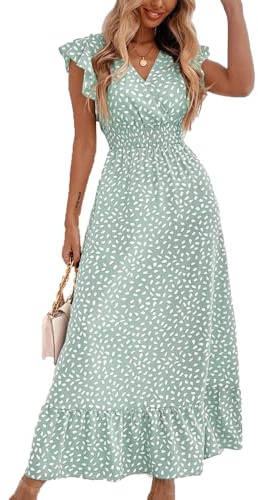 BSLVWG Maxi Robes pour Femme Lotus pétales Manches Courtes col en V Floral été Plage Vacances Jupe Soleil Robe Longue décontractée (FR/ES, Alpha/Lettres, S, Taille Normale, Taille Normale, Vert)