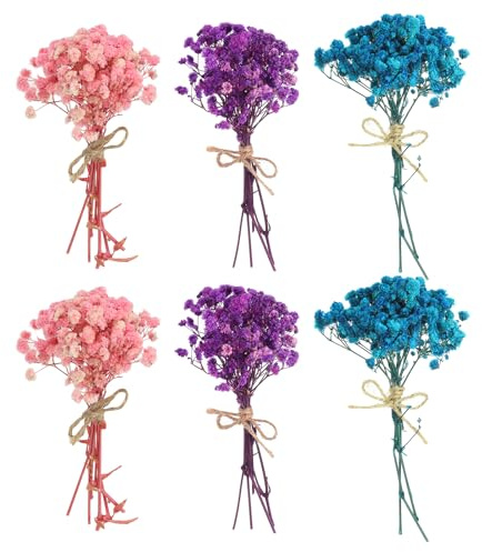 PATIKIL Minibukett torkade blommor, 6 st naturlig Gypsophila med stjälk dekoration boho blomväxt för hantverk, gör-det-själv, fototillbehör, bröllopsdekoration, rosa/lila/blå