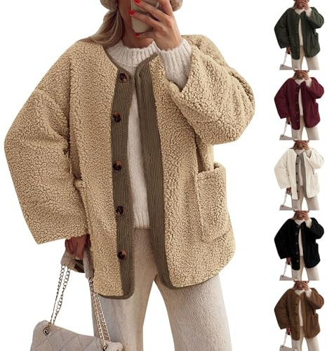 Lammfelljacke Damen Reißverschluss Vintage Daunenmantel Winter Jacken Für Damen Langer Casual Schnittschutzjacke Trainingsjacke Flauschig Plüsch Jacken Für Damen Damen Strickmantel Lang(1-Khaki,XXL)