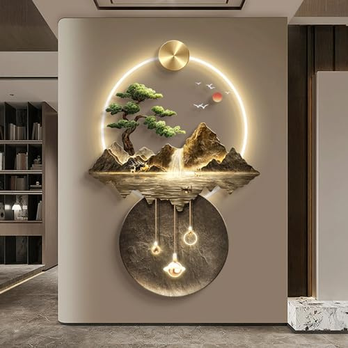 3D väggmålning vägghängande skulptur ， 3D väggmålning med ljus, metall väggmonterad skulptur, lyxiga berg vatten träd väggdekor, orientalisk dekor Landskap hängande målningar(B,70x100cm)