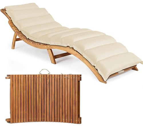 Casaria® Sonnenliege Holz inkl. Auflage Creme FSC®-Zertifiziert Akazie 320kg Belastbar 190x60cm Klappbar Tragegriff Gartenliege Balkon Garten Terrasse Liege Wetterfest