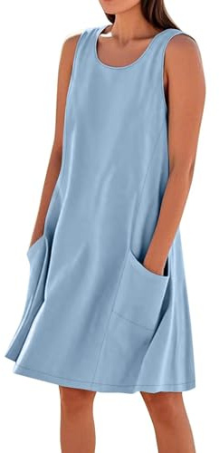 Vestidos cortos de verano de lino y algodón sin mangas para mujer, con bolsillos y tirantes, talla grande, tendencia, azul celeste, XXL