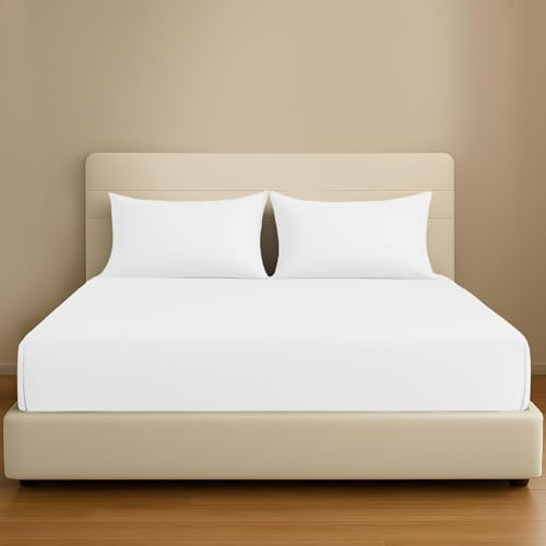 Pamposh 400 Thread Count 100% Egyptian Cotton Double Fitted Sheet - Extra Deep Pocket 35 cm (14 inches) Durable Elastic Fitted Bed Sheets Double - Premium Natural Cotton Deep Fitted Sheets Double Bed