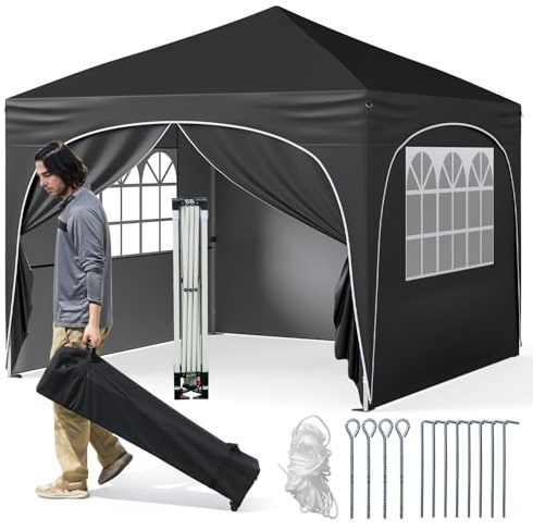 COSTWAY Carpa Plegable 3x3m, Pop-up, 4 Paredes Laterales Removibles, Cenador para Jardin, Bolsa con Ruedas, Altura Ajustable, Pergola Pabellón Gazebo Plegable Jardin Fiesta Exterior (Negro)