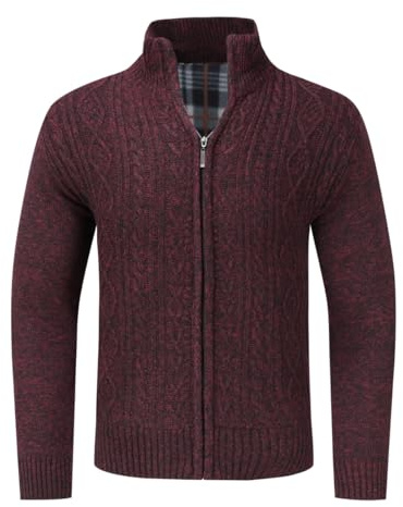 Allthemen Cárdigan de Punto Hombre Casual Suéter Grueso Cremallera Jersey Cálido Cuello Alzado Otoño Invierno Rojo L