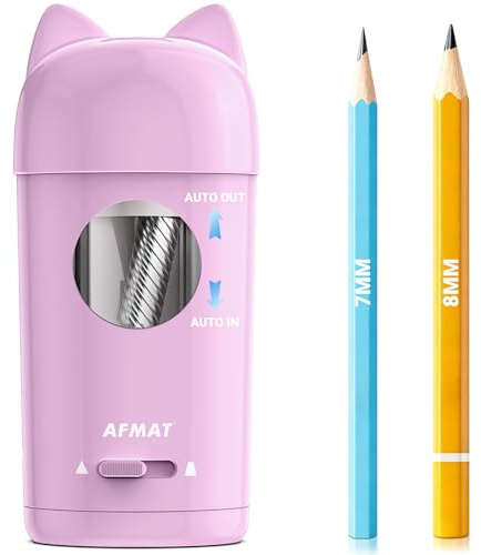 AFMAT Sacapuntas eléctrico, sacapuntas para orejas de gato para lápices gruesos y finos (7 – 8 mm), autostop – sacapuntas para niños, oficina y educación en el hogar, sacapuntas automático con