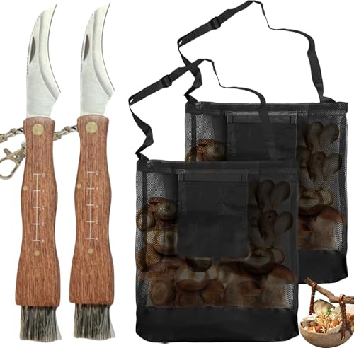 BAIFULAI Juego de recolectores de setas, cuchillo de setas y bolsa de setas, 2 unidades, recogedor de setas, cuchillo de esponja de acero inoxidable con regla y cepillo, bolsa de malla transpirable
