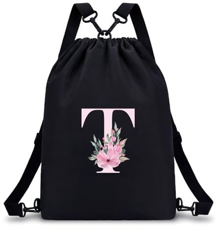A-Z BAG Drawstring Swimming Bag Initial Gifts for Girls Kids (Black, T) | Waterproof, 4-in-1 Multi-String Backpack Beach Gym Personalised Bag for Women Travel