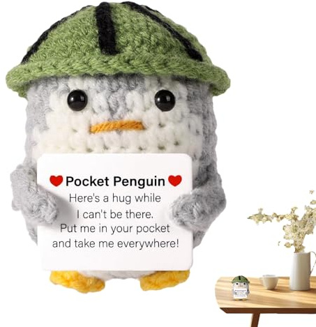Pingüino de apoyo emocional – gancho positivo de 10,2 cm con tarjeta de aliento, compañero de escritorio de pingüino de punto a mano, regalo de salud mental para colegas | para bib