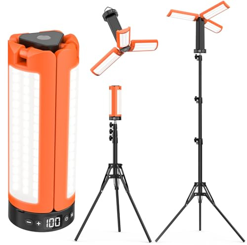 Lámpara de Camping Recargable con Trípode, 12000 mAh, 3 Colores de Luz, Trabajo LED Regulable de 6000 lm con Gancho Magnético y SOS, IP65, Adecuada para Talleres, Obras de Construcción y Emergencias.