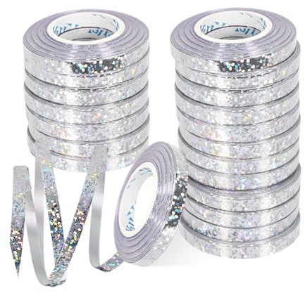 20 PCS Serpentinas Metalicas 10 M X 5 MM,Serpentina Cumpleaños Regalo,HMCEY Curling Ribbon,Cinta Brillante para Envolver Regalos,Cinta Decorativa Globos para Manualidades, Bricolaje, Fiestas - Plata