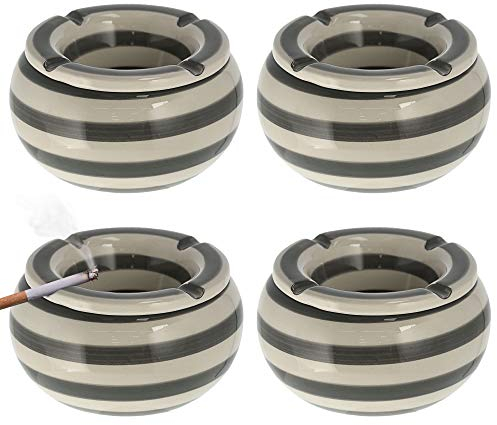 Set di 4 posacenere con coperchio (1 set da 4 posacenere da 13,5 cm), colore: grigio e bianco a righe