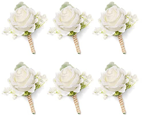 YSUCAU White Rose Boutonnieres for Men Wedding Ivory Baby's Breath Boutonniere for Best Men Groom Groomsmen Wedding Prom Homecoming Set of 6