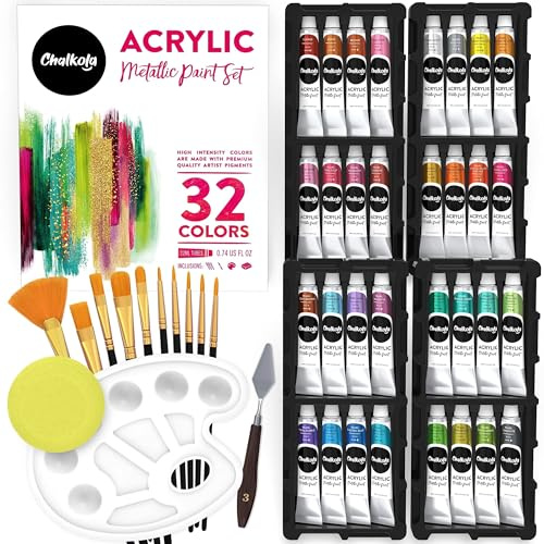 Chalkola Metallic Acrylic Paint Set - 32 Metallic Paint Tubes (22ml) (incl Gold, Silver), 10 Painting Brushes, 1 Knife, Sponge & Palette - Professional Metal Acrylic Craft Paints for Artists, Adults