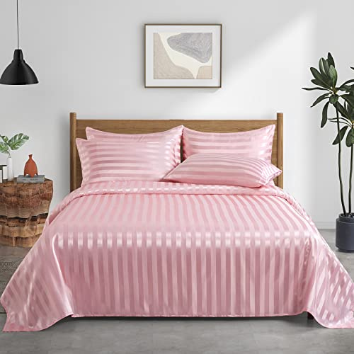 P Pothuiny Queen satin sängkläder set, 6 delar rosa randiga, lyxiga sängkläder med 1 dra-på-lakan, 1 lakan, 4 örngott