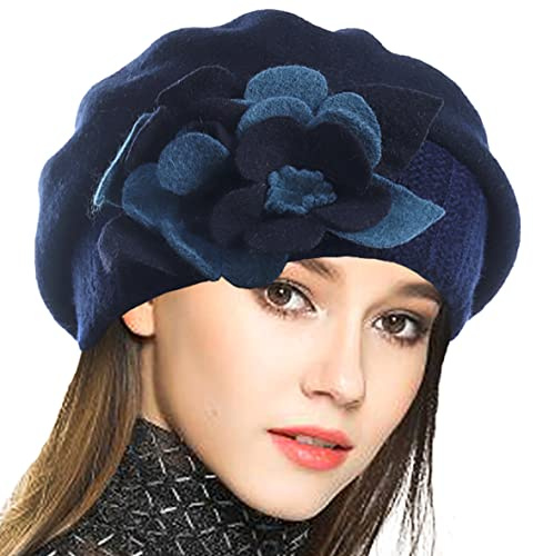 VECRY Womens French Beret 100% Wool Berets Floral Knit Beanie Skull Cap Dress Winter Hat (Navy,M)
