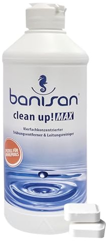 Banisan Clean Up MAX 470 ml Rohrreiniger + 2 Filterreinigungstabletten von Pfahler ́s Whirlpool Studio. flüssiger Rohrreiniger speziell für Whirlpool, Softub