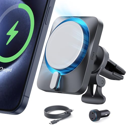 ESR 15W magnetisches kabelloses Autohalterung mit CryoBoost, Kompatibel mit MagSafe Auto Ladegerät, hergestellt für Apple-zertifizierte Ladegeräte mit Handykühlung, für iPhone 16/15/14/13/12, Grau