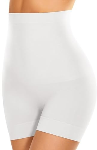 SIMIYA Culotte Gainante Femme sous Jupe Sculptant Ventre Plat Invisible Taille Haute Short Anti Frottement Cuisse Shapewear Dress (Blanc, L)
