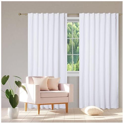 Limecasa Farmhouse Poly Tab Top Curtains, Set of 2, White 50x96, Heavy Room Darkening Drapes for Living Room & Bedroom, Poly Canvas Panels