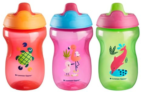 Tommee Tippee Sippee Cup, Water Bottle for Toddlers, 9 Months+, 10oz, Spill-Proof, Bite-Resistant Spout, BPA Free, Pack of 3, Red, Purple and Green