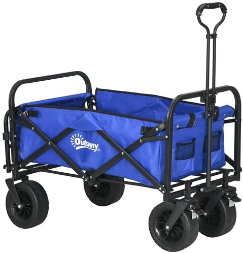 Outsunny Chariot de jardin pliable à roulettes avec longueur et angle du manche réglables et sac de transport Charge 100 kg Bleu foncé