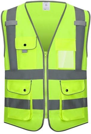 KANMORE Warnweste EN ISO 20471 – Warnweste mit 7 Taschen & seitlichen Eingrifftaschen, Reißverschluss vorne, Arbeitskleidung für Bau, Sicherheit, Radfahren und Winter, Orange/Gelb, gelb, XL