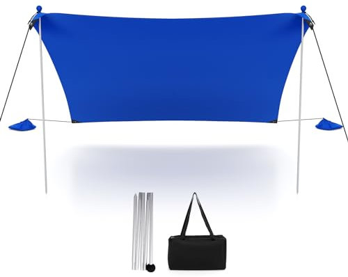COSTWAY Beach Tent 3m x 3m, UPF 50+ Sun Protection with 4 Sandbags, Pegs, 2 Poles and Carry Bag, Portable and Easy Install Sun Shade for Camping, Picnic