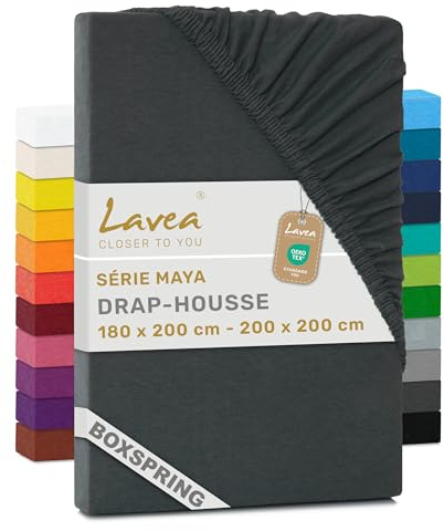 Lavea Jersey Spannbettlaken 180-200x200cm - 40cm Steg für Boxspringbetten - Anthrazit, Weich & Atmungsaktiv - Premium Qualität, Pflegeleicht, Perfekte Passform - Ideal für Boxspringbetten