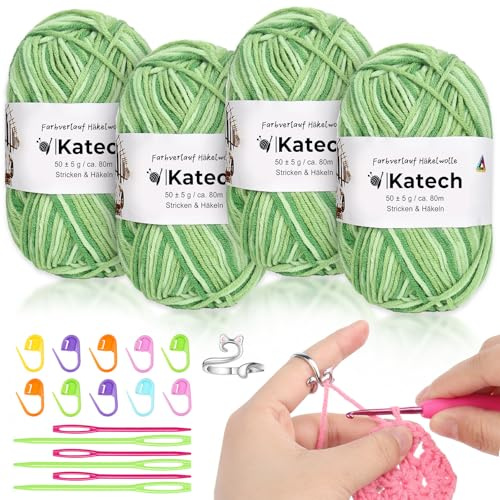Katech 4x50g(200g) Filato per Uncinetto Multicolore, Cotone per Uncinetto, Lana per Uncinetto per Maglieria per Lavorare a Maglia Cappelli/Sciarpe/Calze/Vestiti per Bambini, Lana gomitoli, Verde