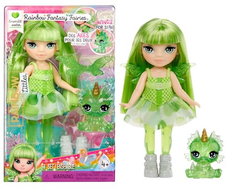 Rainbow High Littles Rainbow Fantasy Fairies & Pet - Emerald, Verde - Bambola Piccola da 14 cm Snodata e Animaletto Drago Fantasy con Ali da Fata Intercambiabili. Età 4+