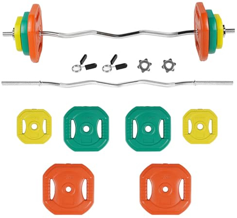 EIGFOH Barra de Pesas con Discos, 20kg,30kg Total, 120cm, Discos de Goma Naranja/Verde/Amarillo, Capacidad 300kg (20kg(2x5,2x2.5,2x1.25) &Barra Z)