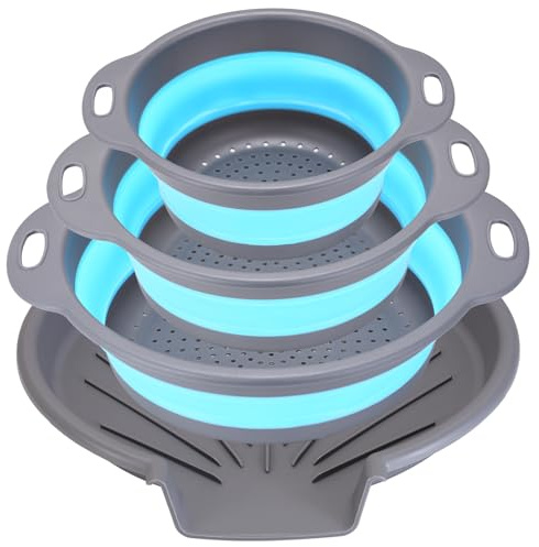 Cluren Collapsible Colander Set with Oversized Draining Tray | 3-Pack Foldable Kitchen Strainers + Base | Space Saving for Pasta, Veggies, Fruit & Rice | 5 Colors (Gray-Blue)