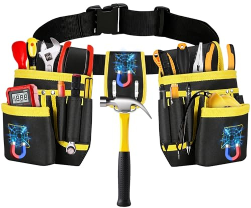 aleawol Magnetic Tool Belts for Men, 26 Pockets Oxford Fabric Tools Belt Pouch with a Hammer Holder, Adjustable Utility Work Tool Waist Bag for Repair Maintenance Electrician Carpenter Construction