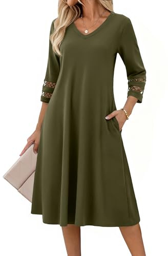 Zeagoo Robe d'été élégante pour femme - Manches 3/4 - Manches en dentelle - Robe tunique avec poches - Col en V - Robe décontractée