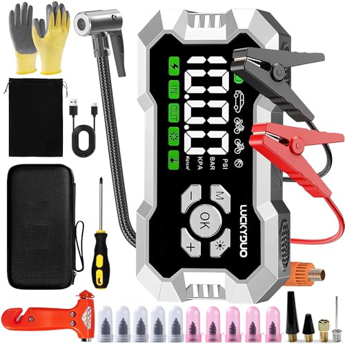 LUCKYDUO Booster Démarreur Voiture 8000A & Gonfleur Pneus 160PSI, 12V Demarreur Batterie Voiture, Démarreur Urgence pour Tous Essence & Diesel 12L Max, Équipé d'une trousse de secours pour l'extérieur