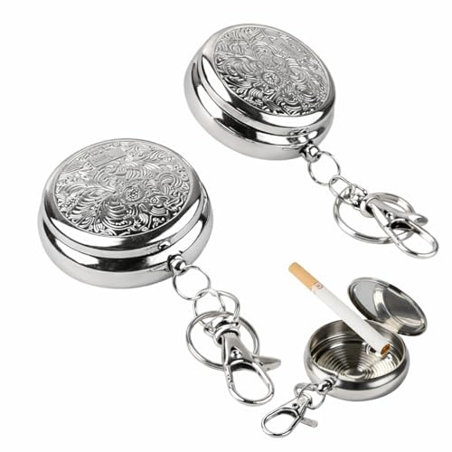 LeGeYo Set med 2 bärbara fickaskar, mini askfat i rostfritt stål med nyckelhållare, hermetisk, idealisk för resor, camping, utomhus, modern design