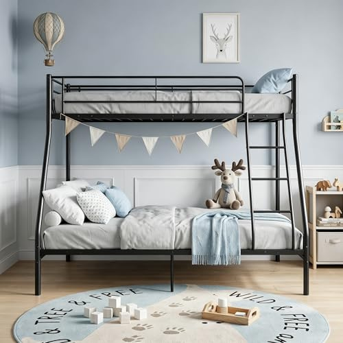 Panana Triple Sleepers Metal Bunk Bed Frame Top 3FT Single Bottom 4FT6 Double Bed Bedroom Dorm Apartment Furniture for Adults Twins Teenagers Children (Black)