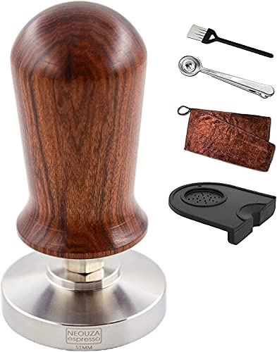 NEOUZA Kalibrerad espresso 51 mm kaffebryggare professionell presshammare – kompatibel med Delonghi Swan Smeg 304 rostfritt stål platt bas med fjäderbelastat premium trähandtag